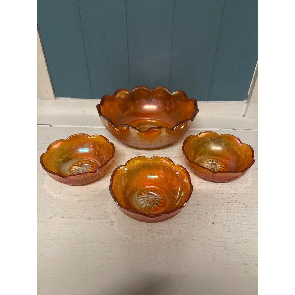 Vintage Amber Iridescent Carnival Glass‎ Footed Bowl Set Dessert Candy Dishes